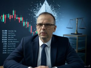 A cryptocurrency trader cashes in on a $38.8 million profit by shorting Ethereum (ETH) during a market crash. The scene shows Ethereum's symbolic logo (a diamond-shaped, minimalist crystal), shattered into fragments to depict a dramatic price decline. The background reflects a digital financial landscape—candlestick charts illustrating steep price drops, with Ethereum's price markers falling from $3,388 to below $2,700. An abstract representation of leverage and short-selling is subtly conveyed by a balancing scale tilted heavily toward profit, symbolizing the 50x leveraged trade that earned millions.