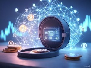 An abstract visual representing cryptocurrency claim repayments. Show digital currency symbols like Bitcoin, Ethereum, and USD Coin floating around a glowing blockchain network. Include subtle elements indicating finance recovery, such as a rising financial graph in the background and digital wallet icons. Depict a countdown timer set to Feb. 18, symbolizing the upcoming distribution date, with a secure digital vault open in the center to suggest funds distribution and security.