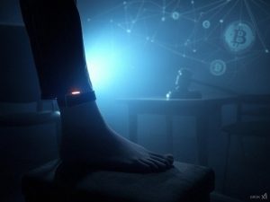 An abstract representation of electronic monitoring, featuring a glowing ankle monitor on a silhouette figure, symbolizing house arrest. In the background, a digital network with cryptocurrency symbols, including Bitcoin and Ethereum, intertwines with faint courtroom elements like a gavel and scales of justice. Subtle imagery of Tornado Cash's swirling logo can be blended in to allude to crypto privacy. The tone should convey a sense of cautious freedom and legal complexity.