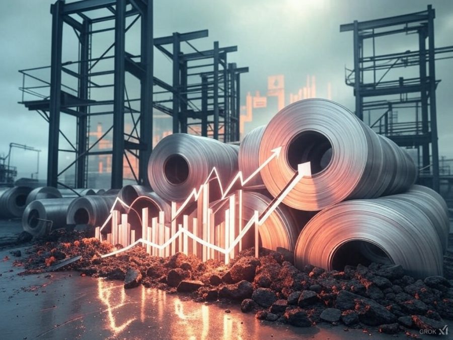 A dynamic scene capturing the volatility of global markets, symbolized by a crashing crypto graph juxtaposed with industrial imagery. Include towering steel beams and aluminum coils, emphasizing their importance to trade and tariffs. In the background, an abstract representation of international trade with arrows and currency symbols conveys global economic tension.