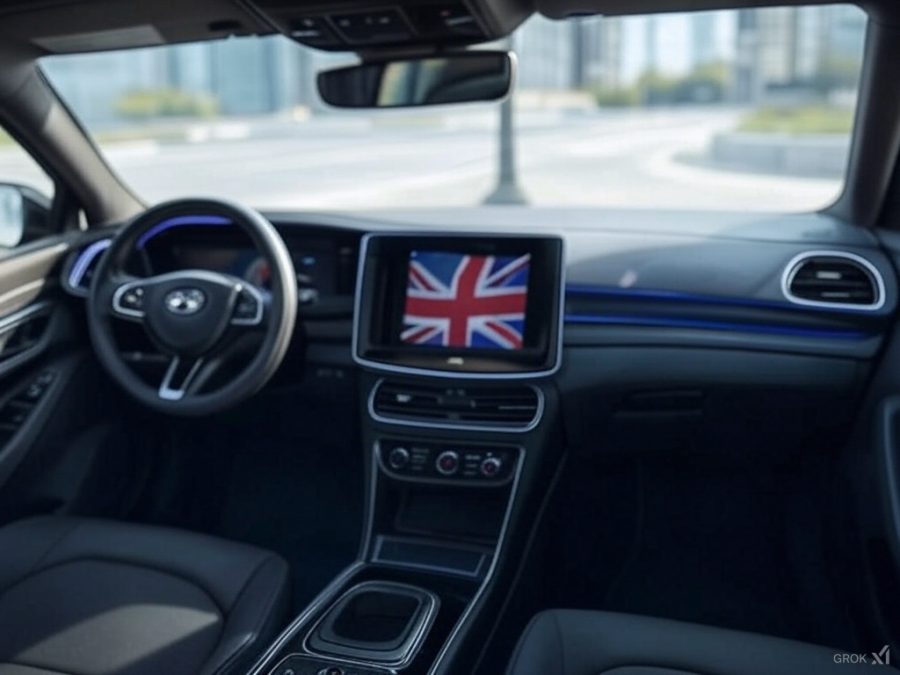 Inside of a smart car with a screen in the center with the Union Jack displayed on it.