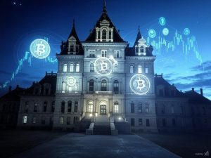 A futuristic digital rendering of the New York State Capitol building, with glowing blockchain and cryptocurrency symbols integrated into the architecture. A semi-transparent overlay of financial charts and digital currency icons hovers in the background, symbolizing the study of cryptocurrency’s impact on the state’s economy and environment. The scene has a professional and analytical feel, emphasizing regulation and financial strategy.