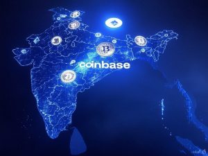 A conceptual illustration of Coinbase's return to the Indian market, featuring a futuristic digital landscape with glowing cryptocurrency symbols (Bitcoin, Ethereum, and Coinbase logo) integrated into an abstract map of India. The image should depict financial collaboration, regulatory oversight, and technological progress, with elements representing India's Financial Intelligence Unit and digital financial security. The overall theme should convey a sense of revival, competition, and evolving cryptocurrency regulations.