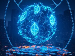 A futuristic digital landscape featuring an abstract, fragmented blockchain ledger with glowing chain links and neon Ethereum symbols interwoven with glitch effects, set against a dark, cyberpunk background.