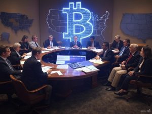 A conceptual illustration of a legislative chamber with a digital Bitcoin symbol glowing in the background. The setting reflects a formal government meeting, with documents and voting results displayed. The atmosphere suggests debate and decision-making on cryptocurrency policies, with South Dakota subtly highlighted on a U.S. map in the background.