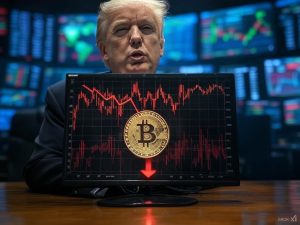 A dramatic digital illustration of a declining Bitcoin chart with a red downward arrow, symbolizing the recent market drop. In the background, silhouettes of global financial markets and trading screens show plummeting numbers. Overlaying the scene, a faded image of former U.S. President Donald Trump at a press conference, emphasizing economic policies and tariffs. The composition should feel tense and impactful, conveying financial turmoil and uncertainty in the crypto space.