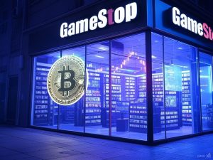 A conceptual illustration of GameStop's financial evolution, depicting a futuristic gaming store with a glowing Bitcoin logo integrated into its digital infrastructure. The background features financial charts and blockchain symbols, symbolizing the potential shift towards cryptocurrency investment. The scene has a high-tech, cyberpunk aesthetic, emphasizing the intersection of gaming and digital finance.