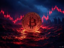 A dramatic digital illustration of Bitcoin’s decline, featuring a glowing Bitcoin coin sinking into a dark, stormy financial landscape. Red candlestick charts and jagged downward price trends dominate the background, symbolizing market turbulence. Shadows of investors or abstract figures watching from a distance enhance the sense of fear and uncertainty. The color palette consists of deep reds, dark blues, and ominous grays to evoke a sense of crisis and volatility.