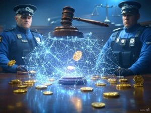 A futuristic digital representation of law enforcement in the United Kingdom cracking down on cryptocurrency crime. A judge's gavel hovers over a glowing blockchain network, with digital coins like Bitcoin being seized by holographic police badges. In the background, a UK courtroom with scales of justice symbolizes legal authority. The scene conveys a sense of high-tech financial security and crime prevention.