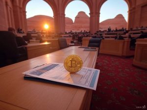 A symbolic depiction of Utah's initiative to establish a Bitcoin reserve. The scene includes iconic Utah landmarks, such as red rock arches or canyons, alongside digital representations of Bitcoin and other cryptocurrencies. Golden Bitcoin symbols subtly glow against a backdrop of legislative documents and a rising sun, symbolizing political momentum and innovation in financial strategies.