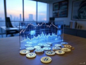 A visual depiction of a corporate strategy involving cryptocurrency investment. The scene shows a blend of modern medical technology symbols and digital finance imagery. In the foreground, digital coins (representing Bitcoin) and a fluctuating stock chart appear alongside symbols like medical equipment or laboratory tools. A corporate office setting subtly frames the background, suggesting a tech-focused financial acquisition. The atmosphere conveys both innovation and financial strategy with a balance of healthcare and cryptocurrency themes.