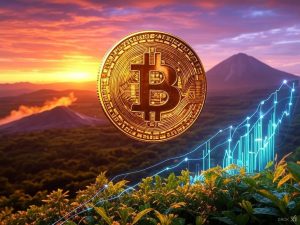  a glowing golden Bitcoin coin rising above a vibrant Central American landscape, with the iconic Tecapa volcano in the background subtly emanating geothermal energy. Digital graphs showing upward trends blend with the scene to emphasize economic progress and investment growth.