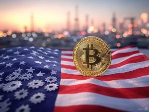 A conceptual illustration of a Bitcoin symbol integrated with the U.S. flag, representing cryptocurrency investment opportunities. In the background, abstract elements hint at financial growth, such as upward-trending stock market graphs and ETF documents. Subtle references to energy and manufacturing sectors appear as gears and an oil rig silhouette. Avoid featuring specific people or political imagery.