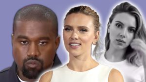 Kanye West, Scarlett Johnsson and AI generated Johnsson on a purple background