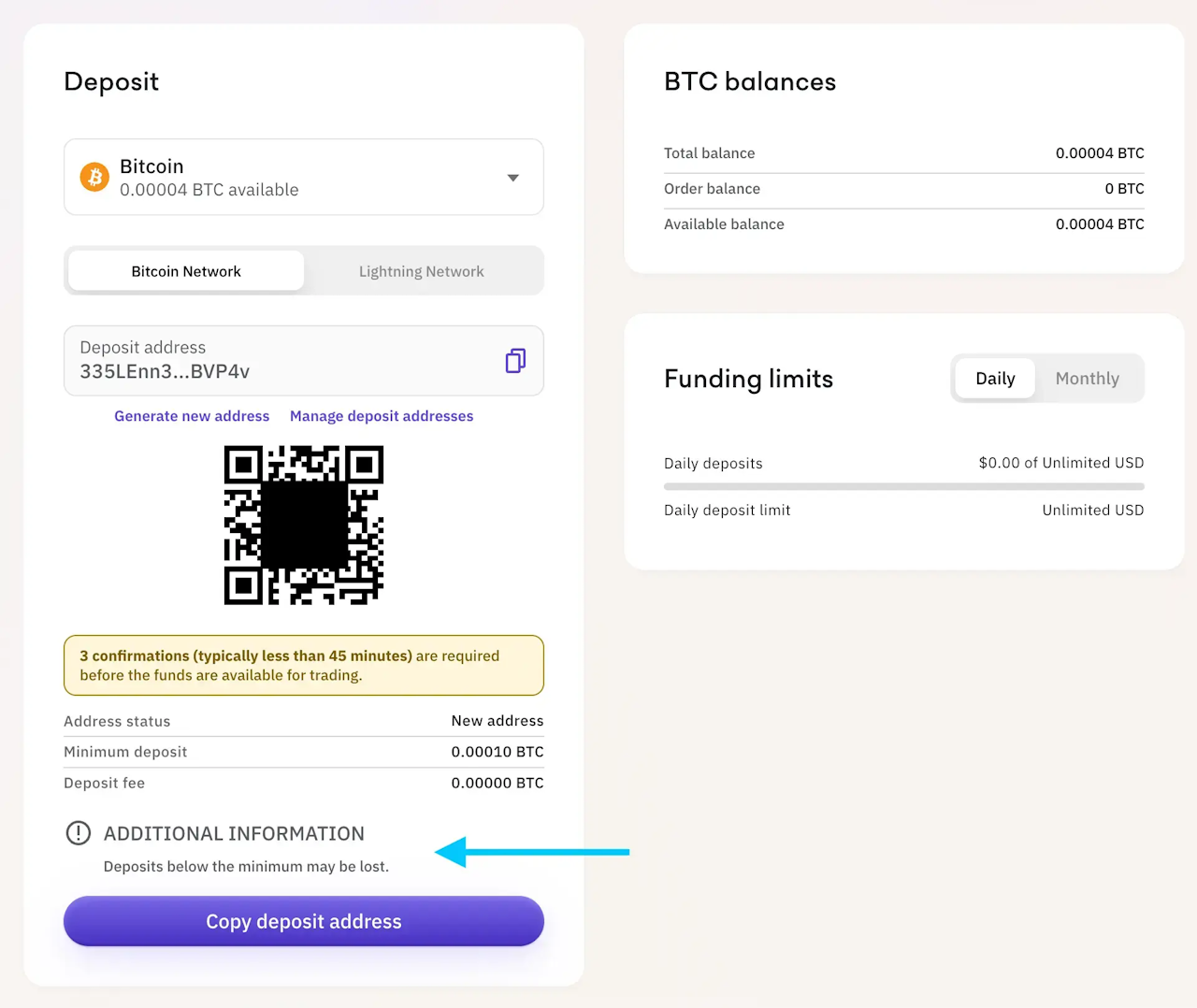 Deposit funds into Kraken account