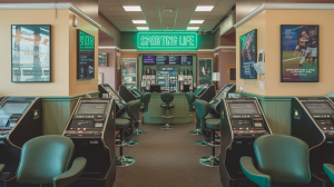 A photo of a betting shop with several betting machines. The shop has a beige and green colour scheme. There are multiple chairs and a counter. A neon sign in the background says 