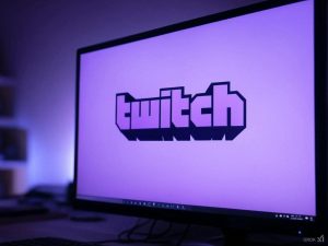 Generated dynamic image of a computer screen with the purple Twitch logo on it