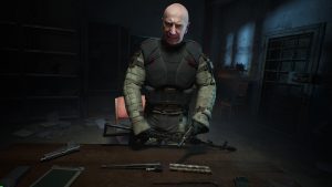 soldier in STALKER 2 carrying weapons on a table