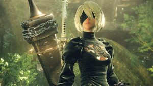 2B from NieR series in a forest
