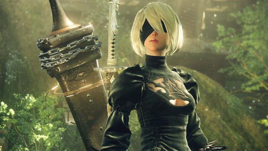 2B from NieR series in a forest