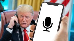 Trump on phone with iPhone overlayed with a microphone symbol