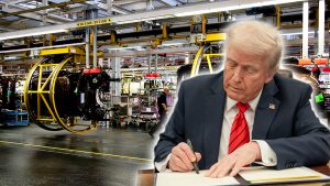 Trump overlayed stock image of an automotive plant