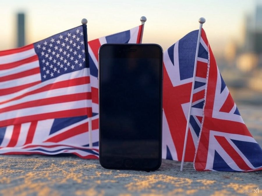 AI image to show US and UK flags separated by an iPhone / US Intelligence chief probing if UK has broken bilateral agreement with demands on Apple.