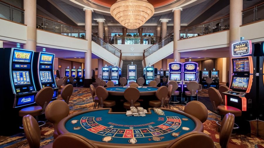 A photo of the inside of a casino. There are multiple slot machines and table games. In the background, there's a large chandelier and a stairway. The floor is carpeted.