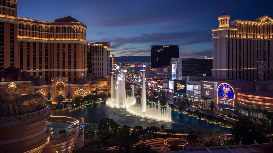 A night view of the Las Vegas Strip. The street is lined with luxury casinos with unique architectural designs. The Fountains of Bellagio are shooting water high into the sky. The street is bustling with people. The background reveals the Las Vegas skyline with its iconic towers.