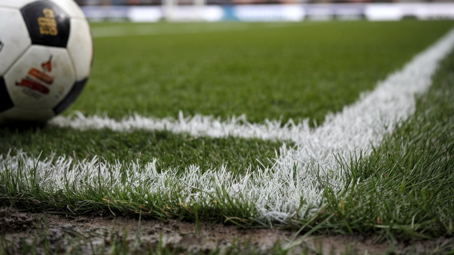A close-up, medium shot of a football pitch with a football. The frame is focused on the grass, with the football near the bottom left corner. The football has black and white stripes. The grass is green and slightly wet, with some mud visible near the ball. The background contains a white line and the beginning of a stadium.