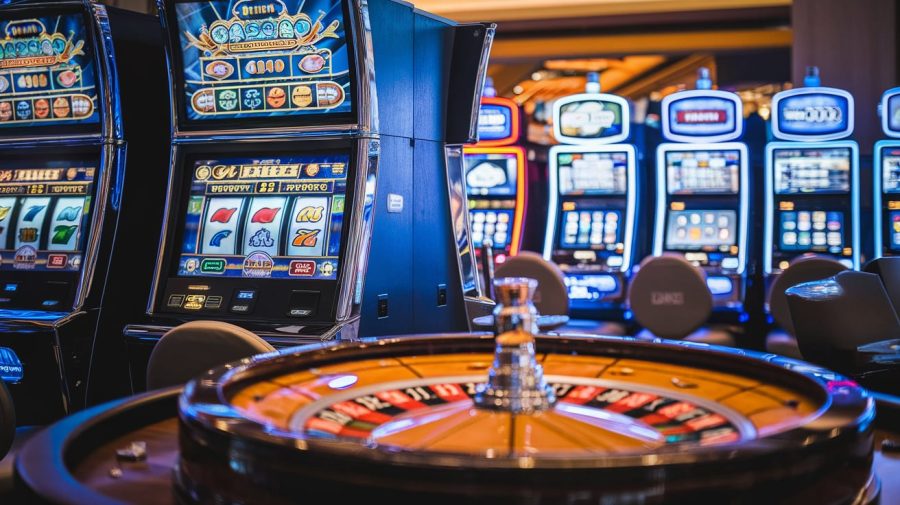 A close-up shot of a casino. There are various slot machines and a roulette wheel. The background is dimly lit.