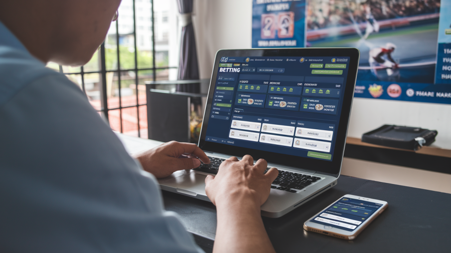 A shot of a person in Thailand betting online. He is sitting at a desk with a laptop. The laptop screen displays a betting website. There is a smartphone next to the laptop. The room has a poster of a sports event on the wall.