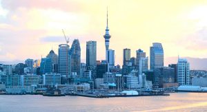 The North Island, NZ. Skyline in Auckland, can see all the buildings with the backdrop of the sky.