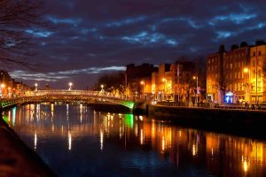 Dublin at night cityscape, showing the bridge.