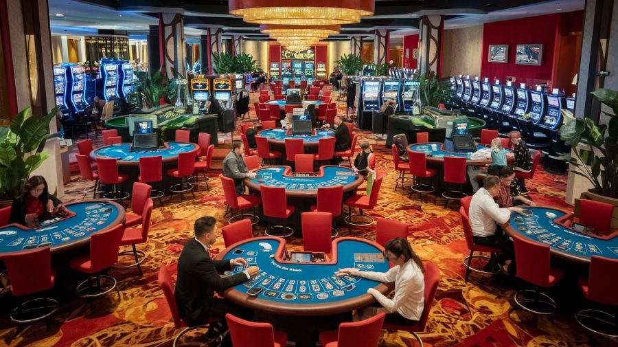 A photo of a 24-hour casino with multiple game tables and slot machines. There are people sitting at the tables and playing the machines. The casino has a modern design with red and gold accents. There are also some plants scattered around the casino. The background contains a large chandelier.