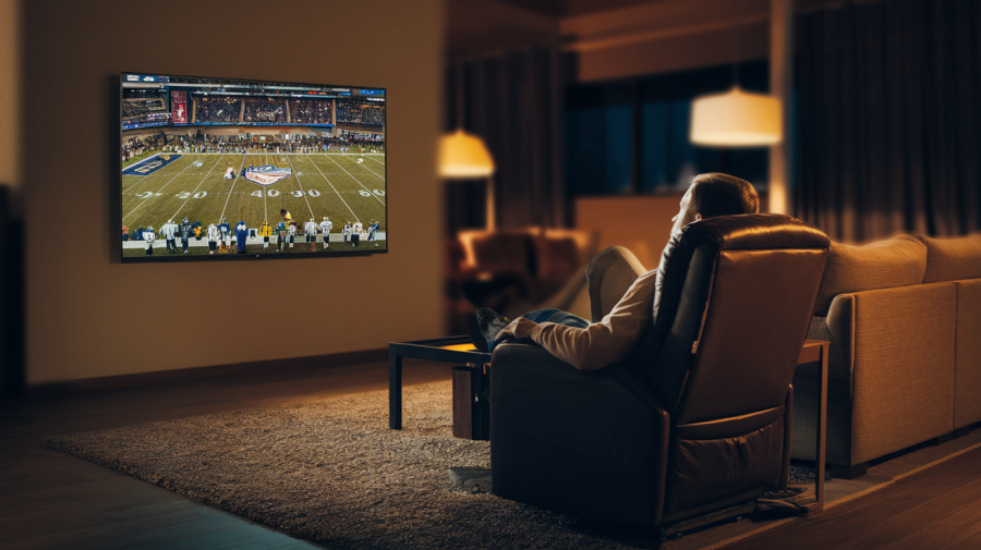 A cinematic shot of a dark room with a person watching a TV mounted on the wall. The TV is displaying an American football game. The person is sitting in a recliner chair. The room has a sofa, a rug, and a table. The background is blurred. The lighting is warm.