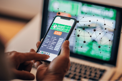 IGSA plans AI best practices framework to guide gambling regulators. A person using a smartphone to access a live sports betting platform, with a laptop screen displaying similar betting content in the background. A digital network overlay symbolizes artificial intelligence and data connections in the gambling industry.