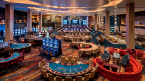 A photo of a 24-hour casino with a vast area filled with various games. The casino has a modern design with a mix of dark and light tones. There are slot machines, gaming tables, and a high roller room. The casino has a bar, a stage for live entertainment, and a restaurant. The floor is covered with a plush carpet. The lighting is warm and inviting.