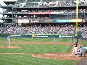 A major league baseball game at Seattle. Ichiro vs Ishii. Can see the player batting.