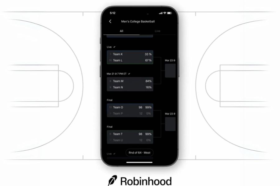 Massachusetts investigates Robinhood over launch of prediction markets hub. A smartphone displays the Robinhood app’s prediction markets hub for Men’s College Basketball, showing matchups, dates, and percentage odds for each team. The background features a faint outline of a basketball court, and the Robinhood logo is visible at the bottom.