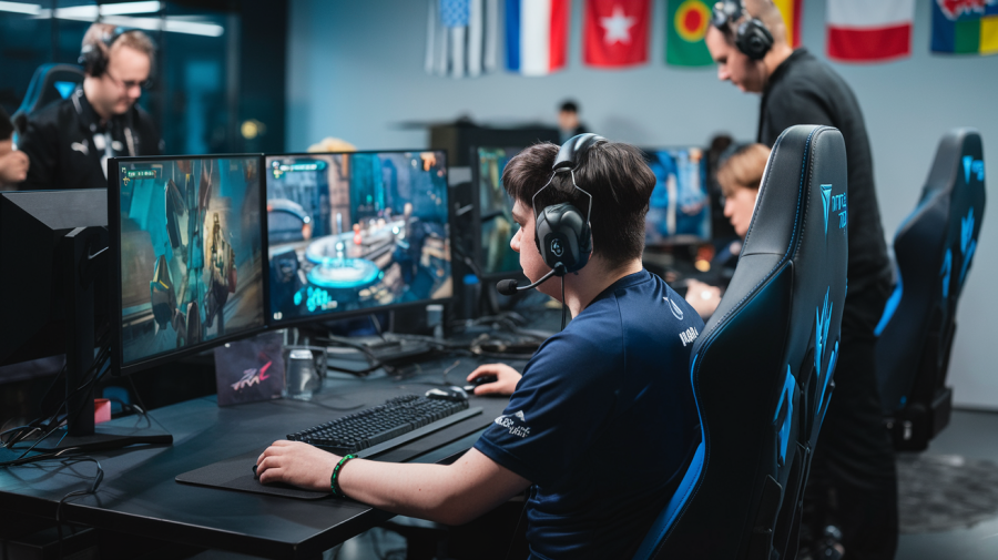 A photo of a person playing esports in a professional setting. The person is seated at a desk and has multiple monitors displaying a video game with a futuristic setting. The person is wearing a headset and has a microphone. The room has a few other people, including a coach, and there are flags of various countries on the wall.