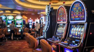 A photo of a close-up shot of a casino. There are various slot machines with bright lights and sounds. The background is dark, with a few people standing around. The lighting is warm.