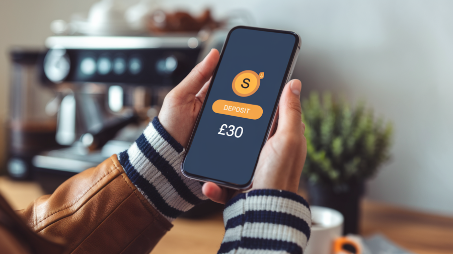 A close-up shot of hands holding a mobile phone. The phone screen displays a deposit offer with a deposit sign in the center and the text "£30" written underneath. The hands are wearing a striped sweater and a leather jacket. The background is blurred and contains a coffee machine and a plant.