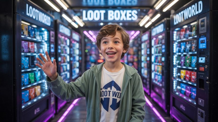 Kid surrounded by loot boxes