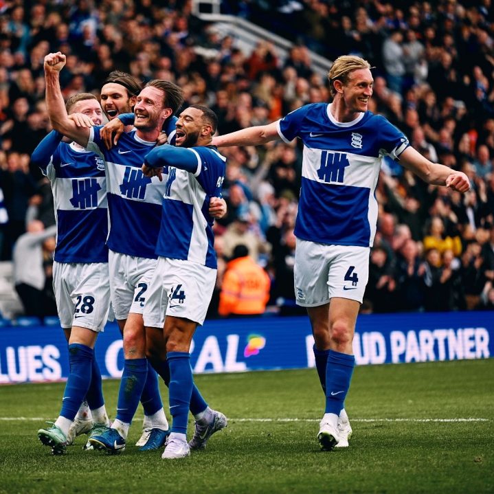 Official image of Birmingham City FC players celebrating a goal, taken from the club's X account / Birmingham City signs deal with GOD55 which sees the platform become the club's official Asian betting partner.