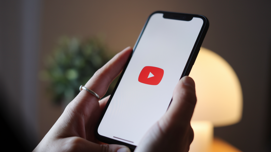 A photo of a close-up shot of someone holding a phone with a white screen. The screen displays the YouTube play button logo in the centre. The background is blurred and contains a plant and a lamp. The person's hand is visible, wearing a silver ring. The lighting is soft.