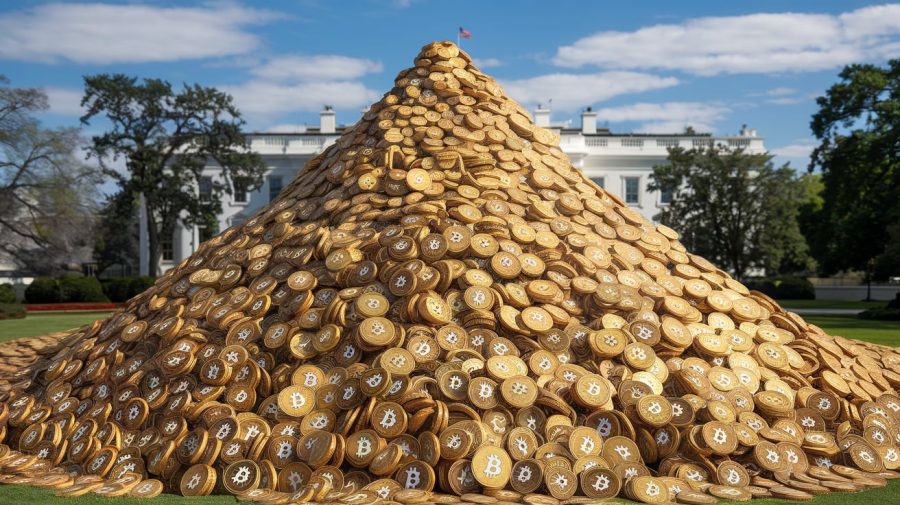 A cinematic shot of a massive pile of Bitcoin coins. The pile is so large that it covers the entire lawn of the White House. The coins have a golden hue and have the Bitcoin symbol on one side. The White House is visible in the background, partially obscured by the coins. The coins gradually decrease in size as they reach the top of the pile, creating a cone shape. The sky is clear with a few clouds.