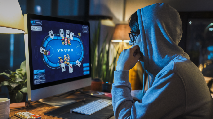 A photo of a person betting on a virtual poker game online. The person is sitting in a dimly lit room with a computer desk. The computer screen displays a virtual poker table with multiple players. The person is wearing a hoodie and has a pair of glasses. There's a lamp and a plant in the room.
