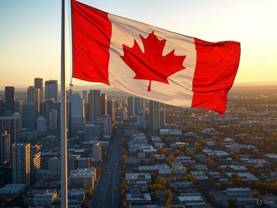 AI image to depict the Canada flag flying against the Alberta skyline / Canada's Alberta province aims to expand the regulated gambling market.