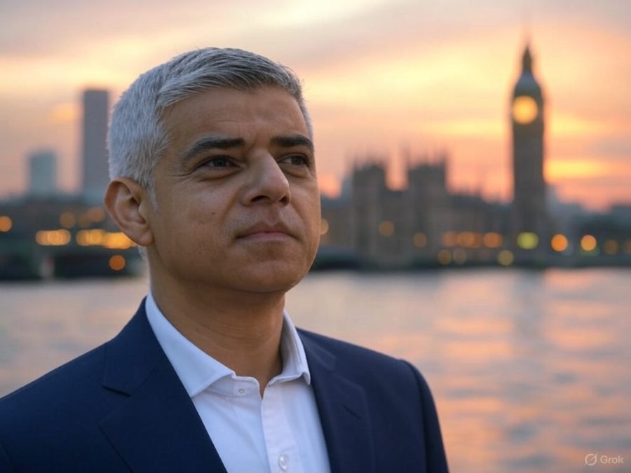 AI image of London Mayor Sadiq Khan, with the London skyline in the background / Sadiq Khan has bee accused of backtracking on his pledge to ban gambling ads on the London Underground network.